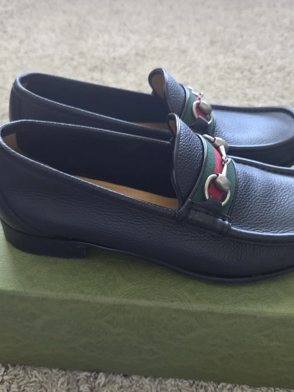 Gucci Black Leather Horsebit Loafers with Green-Red Web
